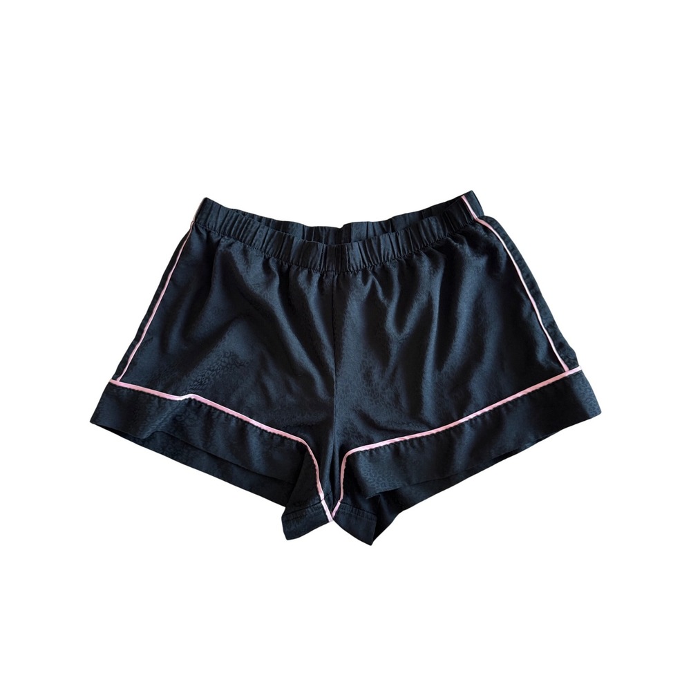 Victoria's Secret Satin Sleep Shorts Black Leopard Print Pajama Pink Trim Small